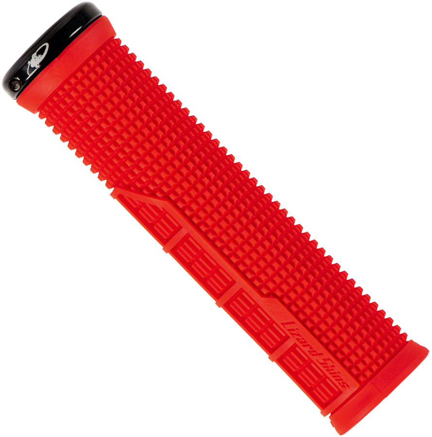 Lizard Skins Machine Lock-On Grips (Red) with black clamp and branding, perfect for mountain bikes.